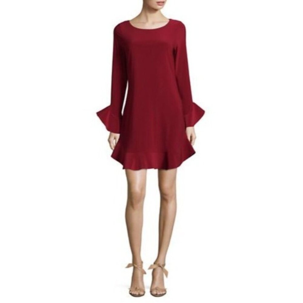 Laundry by Shelli Segal Dark Red Size 8 Ruffle Sleeve and Hem Shift Dress New
